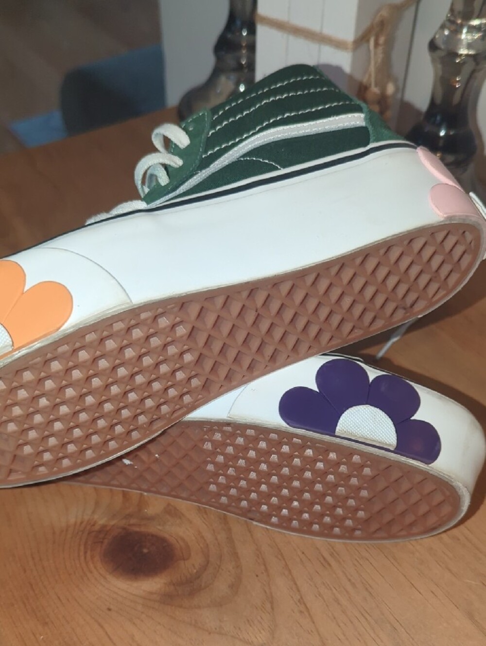 Vans Dark Green High-Top Platform Sneakers with White Stripe and Flower Accent - Picture 3 of 5